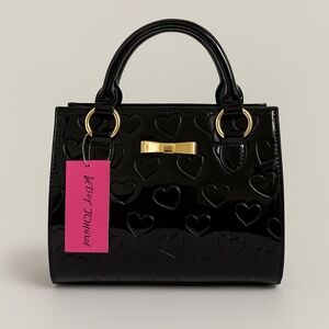 Betsey Johnson Black Patent Heart Embossed Satchel Bag Crossbody Bow Purse NWT